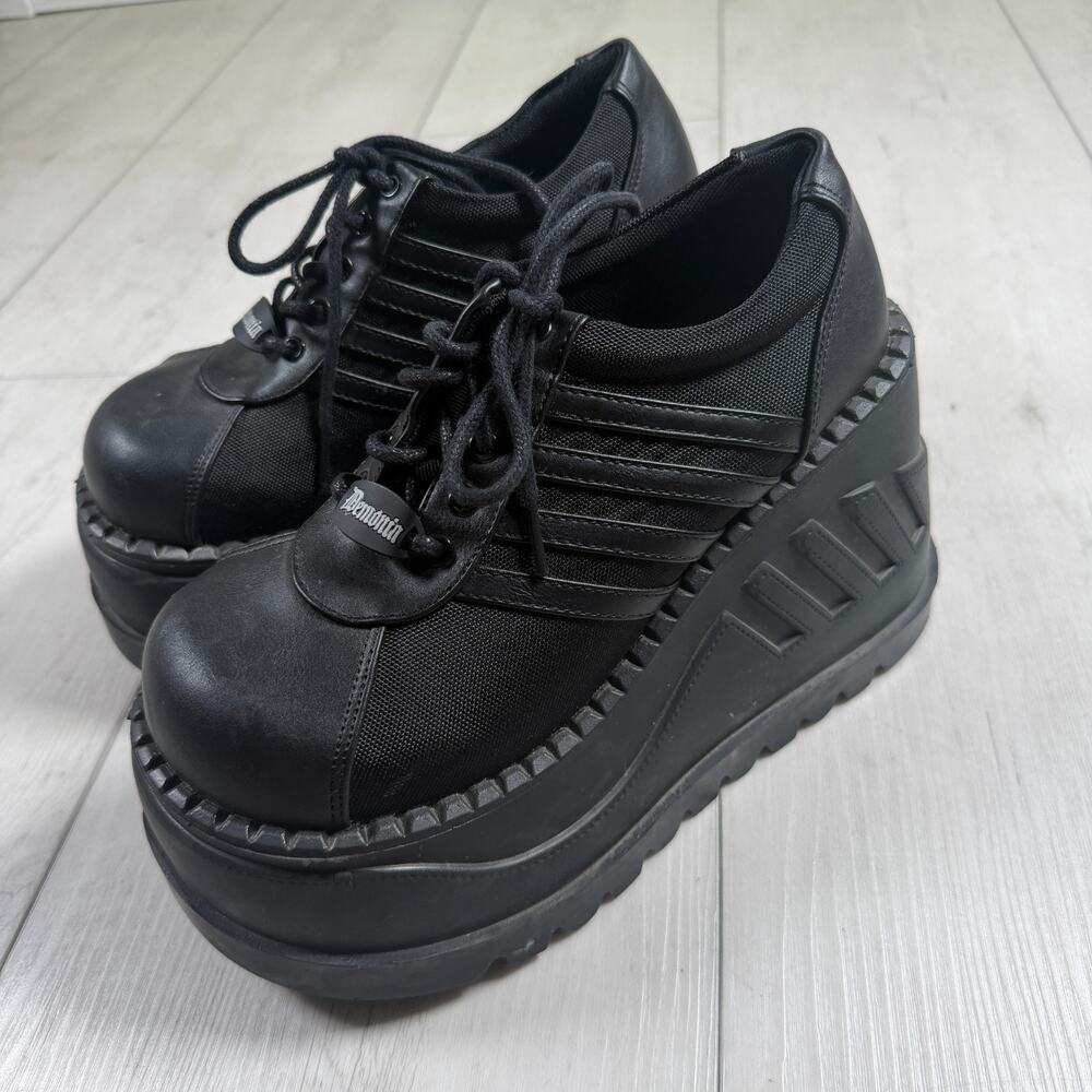 Demonia Stomp-08 Black Platform Shoes 90s Rave Cyber Goth Sneakers Size 8